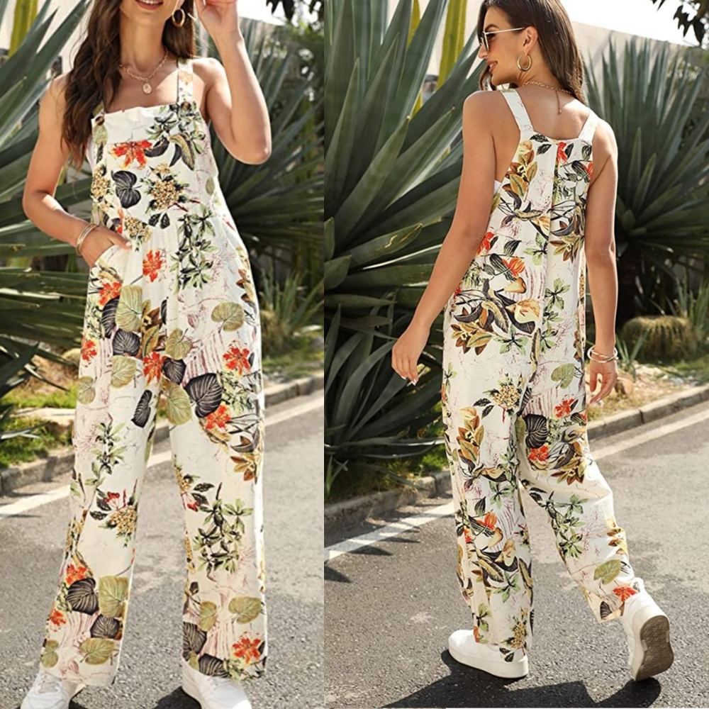 Women's jumpsuit Loose Colorblock Floral Print Wide Leg Button Bib Overall suit